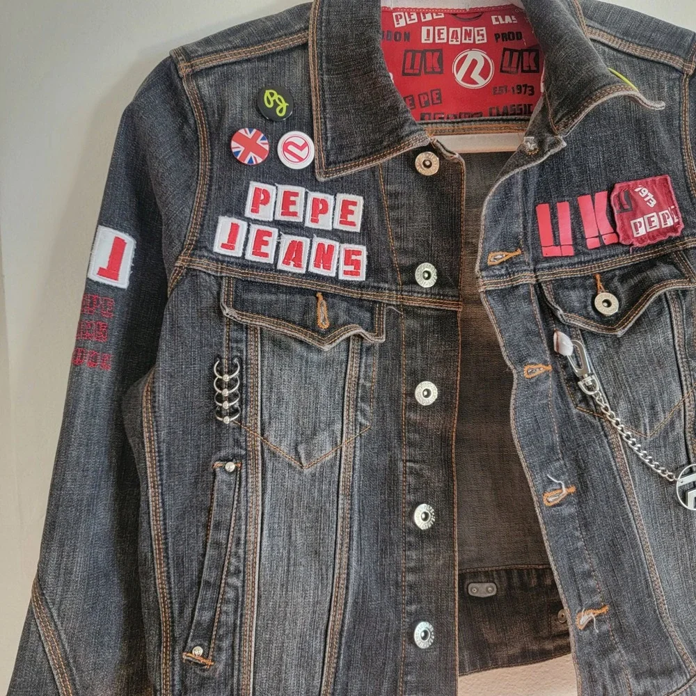 Pepe Jeans London Mens Distressed Denim Jacket Black Punk Graphic Patches Size M